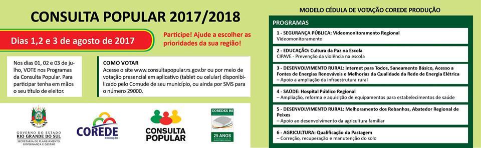 Vote na Consulta Popular 2017 – orçamento 2018 e ajude a escolher as demandas da sua região