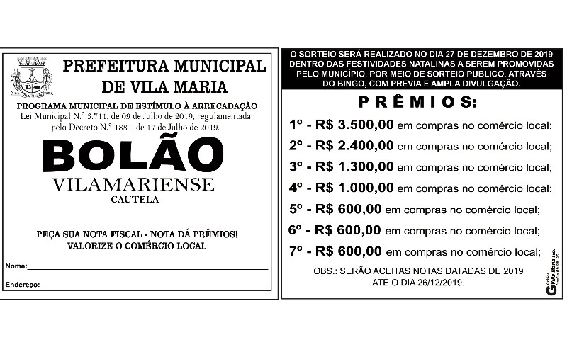 BOLÃO VILAMARIENSE 2019: Troca de notas fiscais por cartelas já pode ser feita