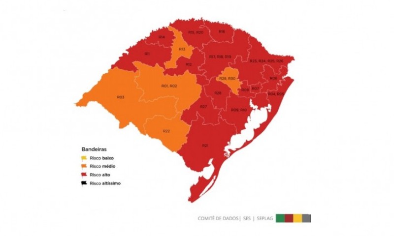 COVID-19: Com 09 novas regiões em alto risco, RS chega a 15 bandeiras vermelhas