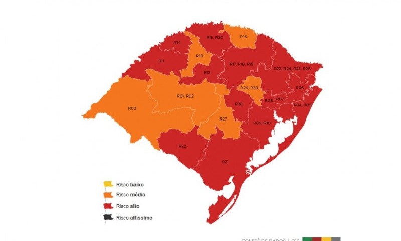 COVID-19: Governo do RS classifica 14 regiões na bandeira vermelha