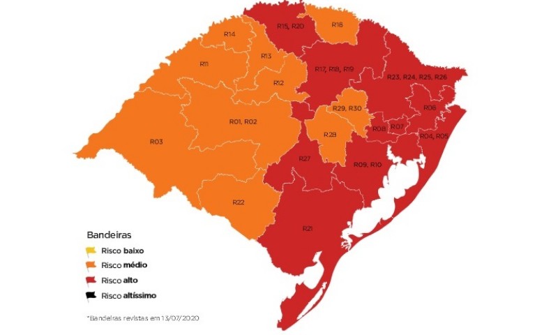 COVID-19: Governo do RS confirma dez regiões com bandeira vermelha até 20/07