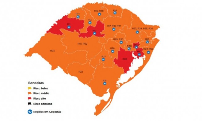 COVID-19: Cinco regiões são classificadas em bandeira vermelha no mapa preliminar do RS