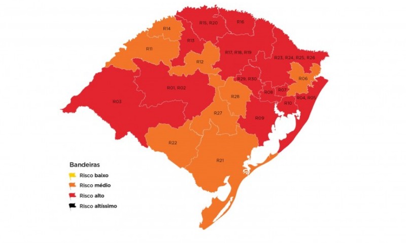 COVID-19: Governo do RS colocou 13 regiões em bandeira vermelha em mapa preliminar