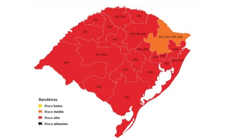 COVID-19: Rio Grande do Sul tem 20 regiões em bandeira vermelha no mapa preliminar