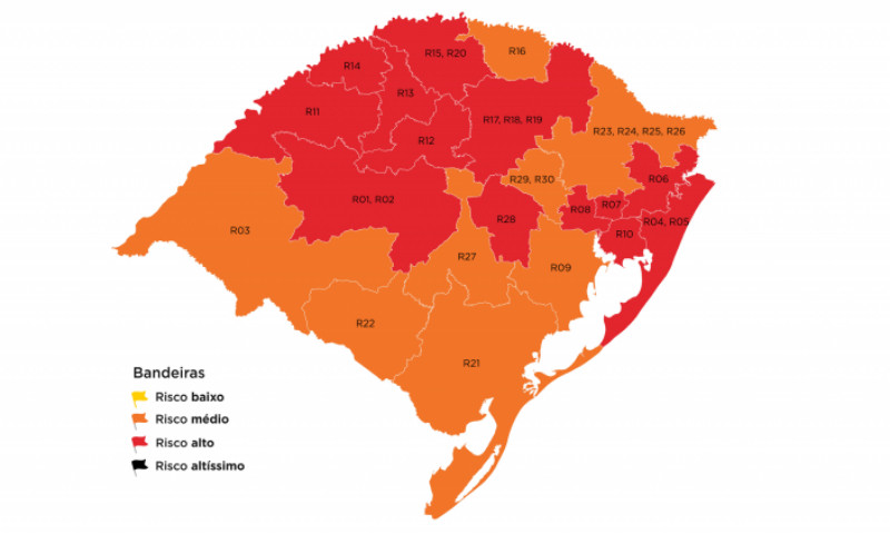 CIDADES: Mapa preliminar coloca 13 regiões em bandeira vermelha no RS