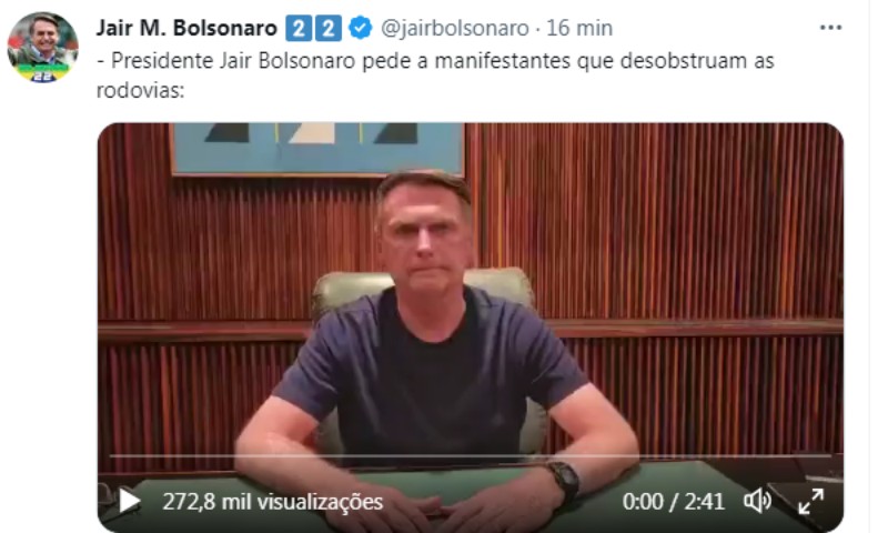 ELEIÇÕES 2022: Em vídeo, Bolsonaro pede desobstrução das rodovias