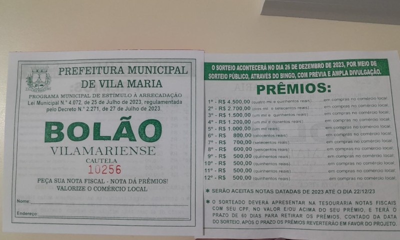 Bolão Vilamariense: notas fiscais já podem ser trocadas. Sorteio será em dezembro, na Rádio Vila Maria FM