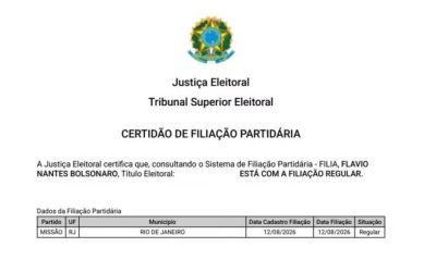 BRASIL: Flávio Bolsonaro aparece filiado ao partido Missão antes de registrar candidatura